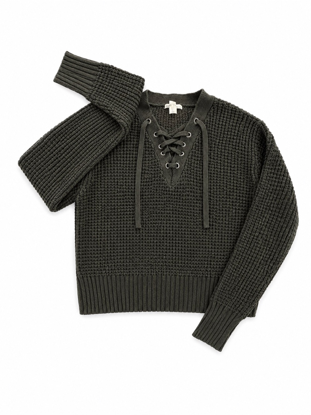 Kaisely Chunky Knit Cozy Olive Lace Up Sweater Women’s Small Dark Green Pullover